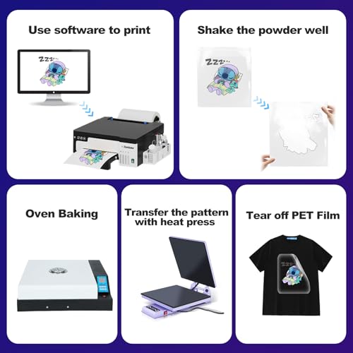 ZionQolor DTF Printer Upgraded A4 L8058 DTF Printer Transfer Printing Machine with White Ink Mixing and Filtering System for DIY Print on Different Fabric (Printer+Oven+Ink+Powder+Film)