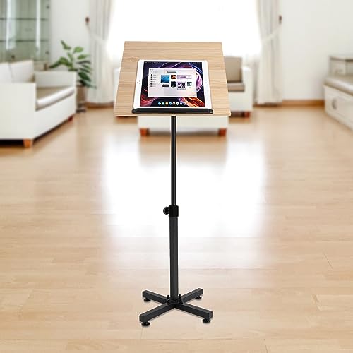 Ageanbri Classic Lectern Podium Stand, Height Adjustable Laptop Table, Portable Presentation Standing for Classroom, Office, Church, Tilting Desktop with Edge Stoppe (Brown)