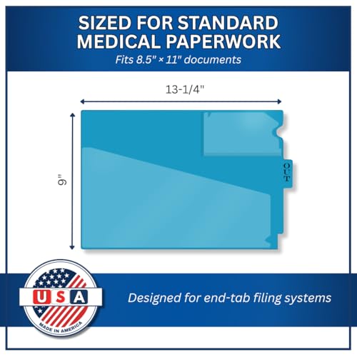 Doctor Stuff - Center Tab Vinyl Out Guides, Diagonal Cut Front Pocket, Top Charge Out Slip Pocket, Plastic File Folder, Letter Size 9" x 13-1/4", Light Blue, 100/Box