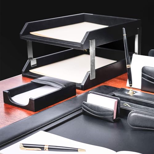 Dacasso Classic Black Leather Front-Load Double Letter Tray Set w/Silver Stacking Posts - Luxury Executive Decor and Office Essential - Desk Surface Protector