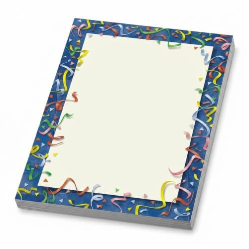 PaperDirect Colorful Confetti Celebration Border Paper, Dark Blue Border with Multicolor Ribbons and Confetti, 8.5 x 11, Acid-Free, Ideal for Invitations, Flyers, Cards, 100 Sheets