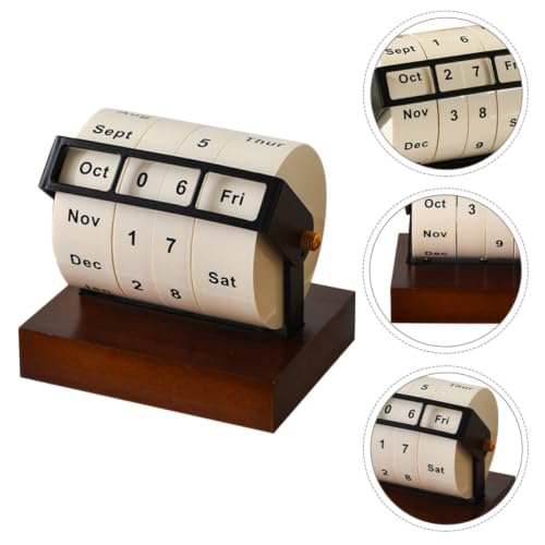 Wooden Rotary Perpetual Calendar with Metal Accents for Desk