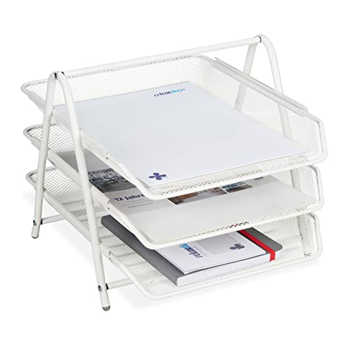 Relaxdays 4 x Wire Metal Letter Trays, Document Storage with 3 Letter Trays, A4 Document Holder, Desk Storage, White