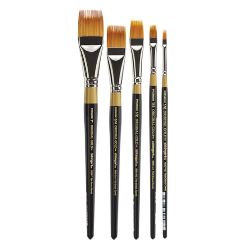 KINGART Premium Original Gold 9120 Series RAKE Brush Set, Synthetic Golden Taklon Hair for Acrylic, Watercolor & Oil, Short Handle, 5 Sizes: 1/8, 1/4, 1/2, 3/4, 1"