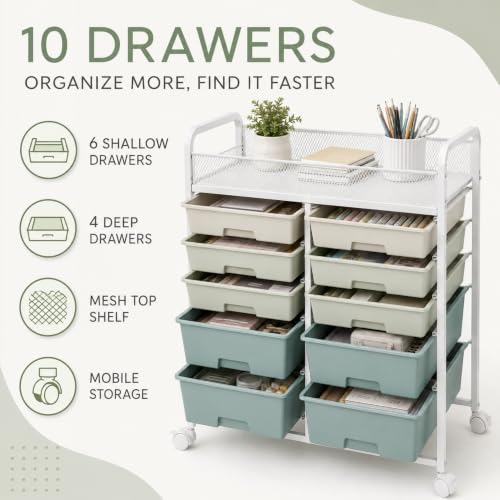 10-Drawer Rolling Cart with Wheels, Storage Organizer with Mesh Top Shelf