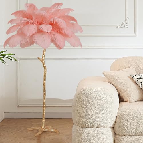 MAYOLA Luxury Resin Ostrich Feather Lamp, 35 Pieces Real Ostrich Feathers,Floor Light for Living Room, Bedroom and Office 67” Tall Feather Lamp(Pink, Floor Lamp)
