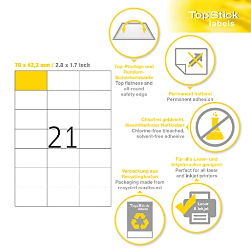 TopStick 8708 Address Mailing Labels, 21 Labels Per A4 Sheet, 70 x 42.3 mm, 21000 Labels, Self Adhesive, Stickers for Laser and Inkjet Printers, White