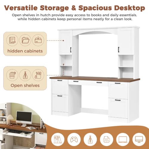 EWUZOSE Arched Computer Desk with Hutch Charging Station and File Drawer (Engineered Wood,White)