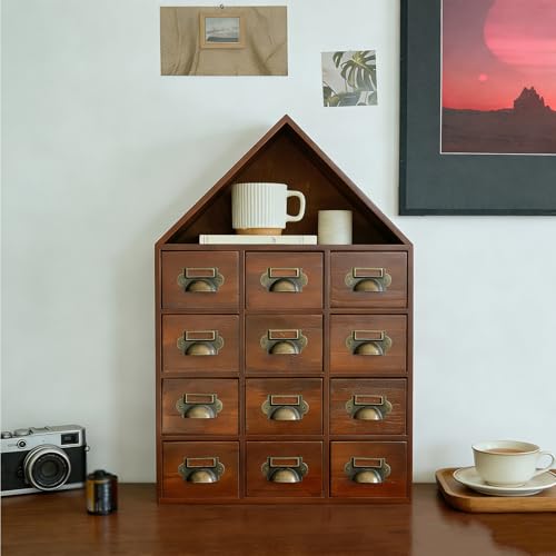 Vintage 12 Drawer Desktop Organizer, Apothecary Cabinet with Metal Handles, Vintage Library Card Catalog Cabinets with Drawers for Tea Crafts Cosmetics Office Supplies