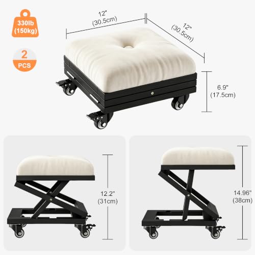 VECELO Foot Rest Under Desk at Work, Height Adjustable Rolling Foot Stool Set of 2 with Wheels, Cushioned Seat for Living Room, Bedroom, Home Office, Beige