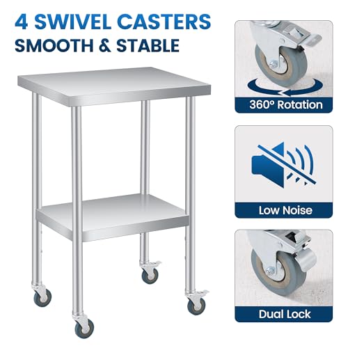Multifunctional Stainless Steel Work Table, 14x24x35 Inch Portable Kitchen Cart with Locking Casters, Heavy-Duty Metal Utility Table for Food Prep, Home Bar, Catering & Hotel