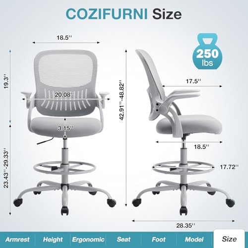 COZIFURNI Drafting Chair Tall Office Chair for Standing Desk Counter Height Adjustable, Egronomic Lumbar Support with Flip Up Armrest, Footrest, Rolling, Grey, 1pc