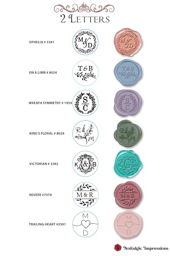 Wedding Couple 2 Letter Monogram Custom Adhesive Wax Seal Stickers 50-Pack Hand Pressed in USA from Real Sealing Wax-Multiple Color & Design Choices