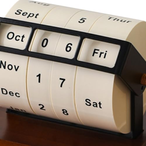 Rotary Perpetual Calendar Desk Decor with Wooden and Metal Stand,Space-Saving Tabletop Date Display for Home Office and Study