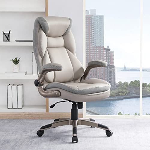 Office Star ECH Series Executive Bonded Leather Office Chair with Lumbar Support and Padded Height Adjustable Arms, Taupe with Cocoa Coated Nylon Base