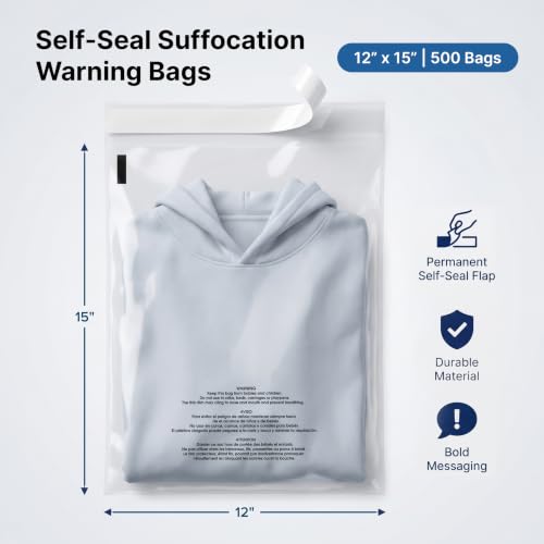 12" X 15" (500 Count) Self Seal Clear Poly Bags with Suffocation Warning