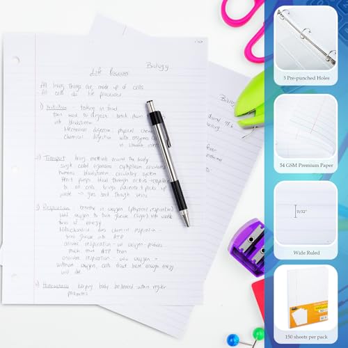 Notebook Paper Wide Ruled, Loose Leaf Paper Wide Ruled Notebook Binder Paper Bulk, Lined Filler Paper for 3 Ring Binders - 10.5” X 8", for Student, College, School - 150 Sheets - (12 Pack)