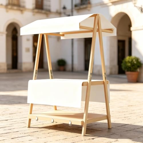 CHBMZ Foldable Wooden Market Display Booth, Portable Two Level Vendor Stand with Canopy, Compact Suitcase Design for Craft Fairs, Farmers Markets, Festivals & Pop Up Events(White,106cm/41.7in)