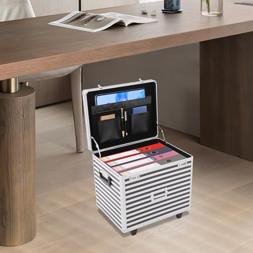 WINNIESHOP Lockable Mobile Rolling File Box with Pull Handle Portable Rolling Case File Cabinet Organizer Fireproof Document Box for Hanging Letter/Legal Folders (Black+Silver)