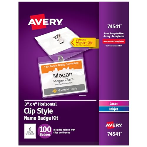 Avery Customizable Name Badges, Clip Style, 3" x 4", Clear Name Tag Holders, White Laser/Inkjet Printable Inserts, 100 Total (74541)