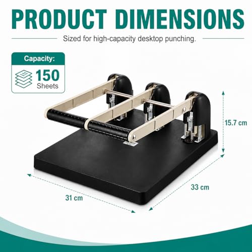 3 Hole Punch Heavy Duty, 150 -Sheet Three Hole Punch with Labor Saving Handle, Paper Feed Depth 12mm, Long-Lasting Durability, for Offices, Families, Study Rooms, Print Shops