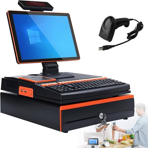 15.6 inch Touch Cash Register Terminal Customer-Facing Screen for Retail,POS Terminal with Handheld Scanner and 5 Paper Rolls, Cash Drawer, Keyboard Cash Register, for Restaurant Orange-SingleScreen