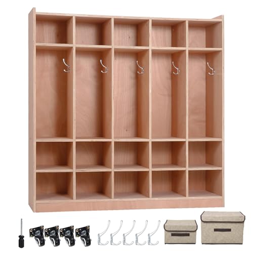 Naiveferry Wooden Plywood Coat Locker with 5 Large and 15 Small Cubbies, Kids Storage Cabinet for Classroom Daycare Preschool, Lockers with Coat Hooks for Mudroom Entryway Home, Natural