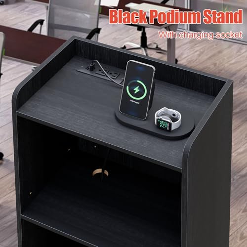 aboxoo Podium Stand - Portable Podium Stand with 4 Rolling Wheels, Pulpits for Churches with Adjustable Shelf, Hostess Stand, Mobile podiums for Church, Classroom, Office (with Charging Station)