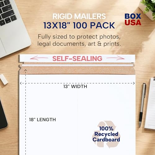 BOX USA Rigid Mailers 13 x 18 (100-Pack) - Cardboard Mailer Envelopes for Posters, Photography Prints, Certificates - Stay Flat