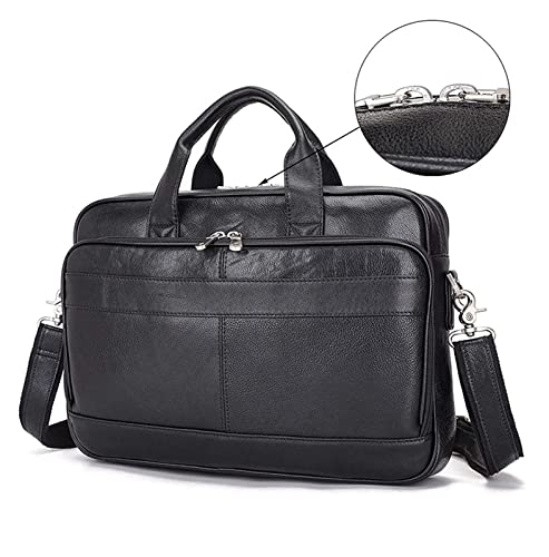 XIADENGLAN Crazy Horse Leather 15.6" Laptop Briefcase Business Office Shoulder Handbags Retro Cross-Body Messenger Tote Bag(Black)
