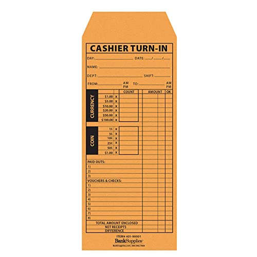 BankSupplies Cashier Turn-In Envelopes 4.5 Inches by 10.375 Inches 500 Brown Kraft Paper Envelopes Standard Open End Moisten and Seal Closure