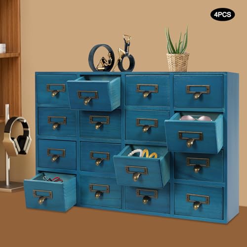 Fulavorty 64-Drawer Wooden Storage Box,Retro Desktop Organize,4 PCS Drawer Cabinets,Multi-Level Wooden Storage Drawers (64 drawer Blue)