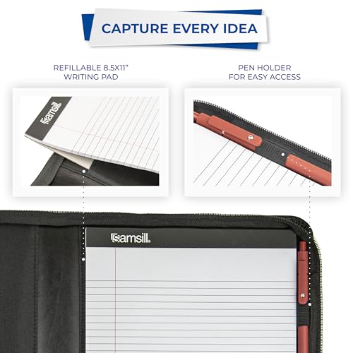Samsill Contrast Stitch Leather Zippered Portfolio Folder/Business Portfolio for Men and Women, Resume/Document Organizer with Writing Pad, Black (71720)