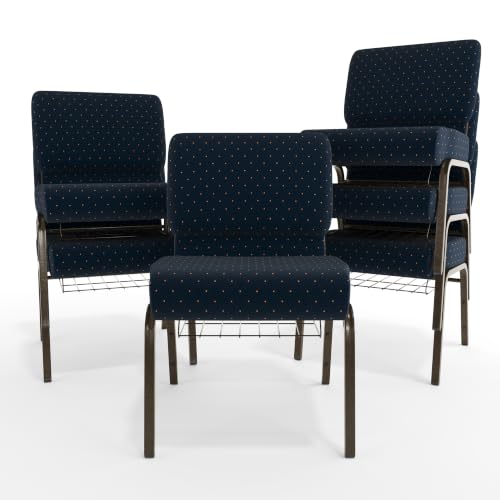 Flash Furniture HERCULES Series 21''W Church Chair in Navy Blue Dot Patterned Fabric with Book Rack - Gold Vein Frame