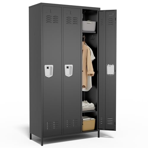VIYET 3 Door Metal Lockers for Employees,Heavy-Duty Hooks,72" Secure Storage for Home,Offices,Schools & Gyms | Black
