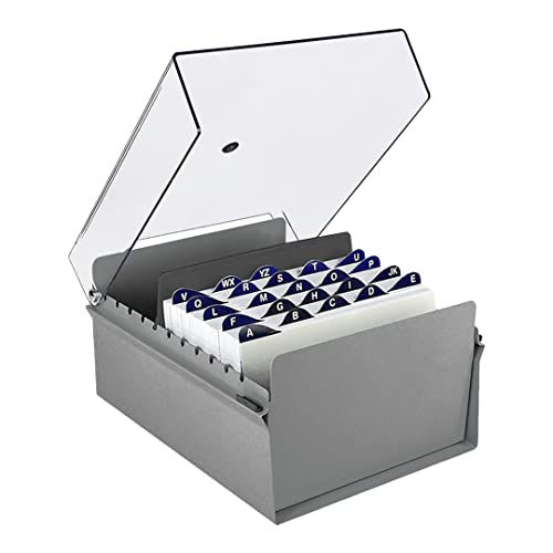 Acrimet 5 X 8 Card File Holder Organizer Box Metal Base Heavy Duty (AZ Index Cards and Divider Included) (Gray Color with Clear Crystal Plastic Lid Cover)