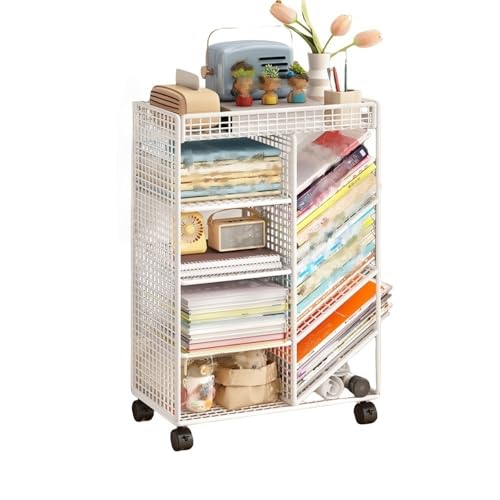 Metal Movable Bookshelf, Rolling File Cart, Multi-Layer Corner Display Rack, Simple Magazine Rack for Living Room, Office, Small Spaces(White)