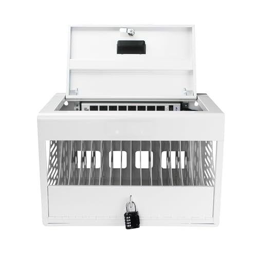 BouPower 16-Unit Charging Cabinet for Laptops & Tablets, Locking Charging Station with Cable Management, Charger Storage, and Ground Protection, Fits 14-Inch Screensize and 1.2'' Thick Tablets White