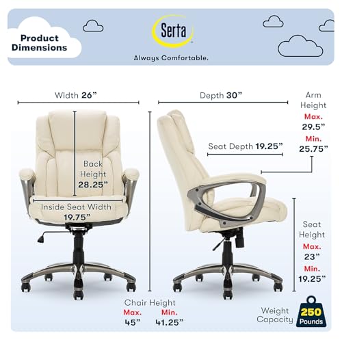 Serta Garret Executive Office Chair, Ergonomic Mid-Back with Lumbar Support, Semi-Plush Cushion and Body Pillows, Padded Armrests, Swivel Base, Bonded Leather, Ivory White