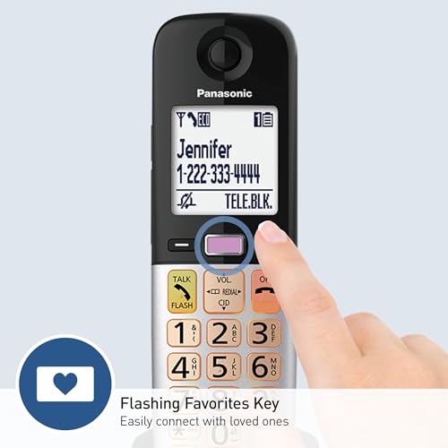 Panasonic Cordless Phone, Easy to Use with Large Display & Big Buttons, Flashing Favorites Key, Flashlight, Call Block, Volume Boost, Talking Caller ID, House Phones, 3 Handsets - KX-TGU433B