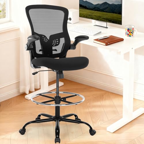 Bondesin Drafting Chair, Ergonomic Tall Office Chair with Lumbar Support Standing Desk Stool with Flip-up Armrests Comfy High Office Desk Chair with Adjustable Foot Ring for Counter Height Desk, Black
