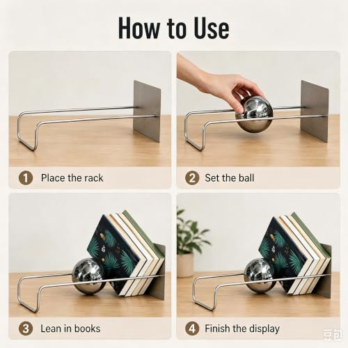 Gravity Ball Bookend, Stainless Steel Desktop Magazine Rack & Book Organizer, 18.9" Slanted Display Stand, Modern Decorative Book Holder for Office, Home, Entryway & Stainless Blue Ball