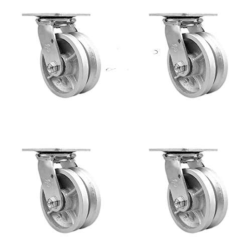 Heavy Duty Swivel Caster Set of 4 with 5 Inch V-Groove Semi Steel Cast Iron Wheels and Bronze Bearings - Includes 4 Swivel with Bolt on Swivel Locks - 4,400lbs. Total Capacity - Service Caster Brand