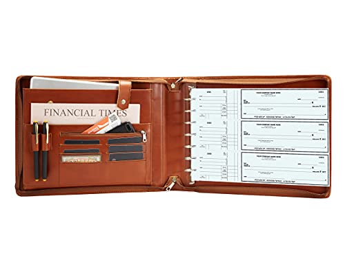 Business Check Binder 7 Ring Leather Portfolio for 3-Up Business Size Checks, Zippered 7 Ring Checkbook Binder Portfolio with 600 Check Capacity, 9x13 Inch Sheets