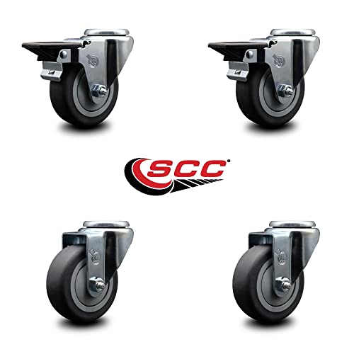 Thermoplastic Rubber Swivel Bolt Hole Caster Set of 4-3.5" x 1.25" Gray Wheels - Includes 2 with Posi Locking Brakes - 920 lbs Total Capacity - Service Caster Brand