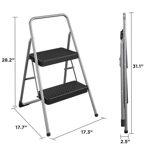 Pemberly Row 2-Step Folding Step Stool, 28.15 H x 17.32 W x 17.95 D, Platinum Finish, Lightweight ANSI Type 3 Household Stool with Slip-Resistant Steps, Stable Design for Easy Storage and Cleaning