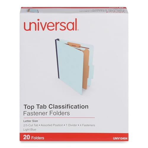 Universal Light Blue Top Tab Classification Fastener Folder, Letter Size, 2/5 Cut, 1 Divider, 4 Fasteners, Pack of 20