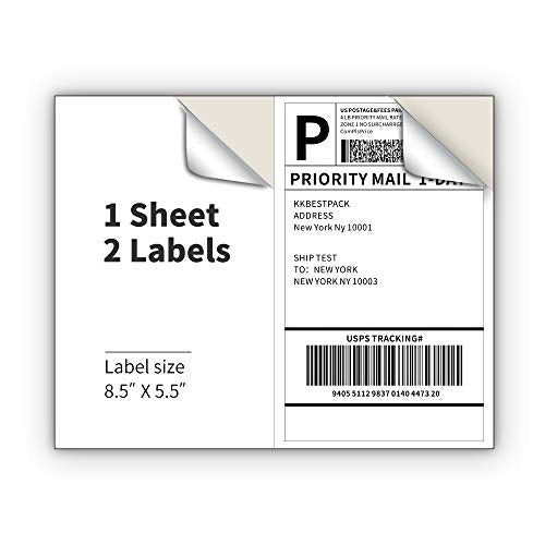 KKBESTPACK Half Sheet Shipping Labels for Laser and Inkjet Printers – 2 Per Page Self Adhesive Mailing Labels for Packages – White 8.5 x 5.5 Postage Labels for Shipping Boxes (2000 Labels) (KK2LP)