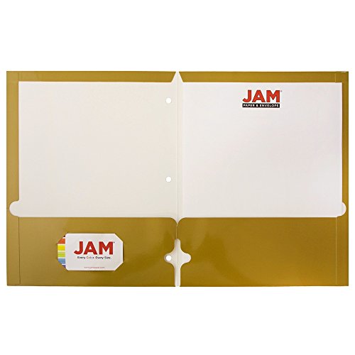 JAM PAPER Laminated Two Pocket Glossy 3 Hole Punch School Folders - Letter Size - High Gloss Gold - Bulk 100/Box