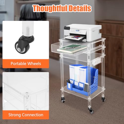 YUYFCC Rolling Acrylic Printer Stand Modern Clear Printer Cart with USB Ports Outlet Multifunctional Printer Table with Wheels and Drawer for Home Office Living Room Bedroom, Clear